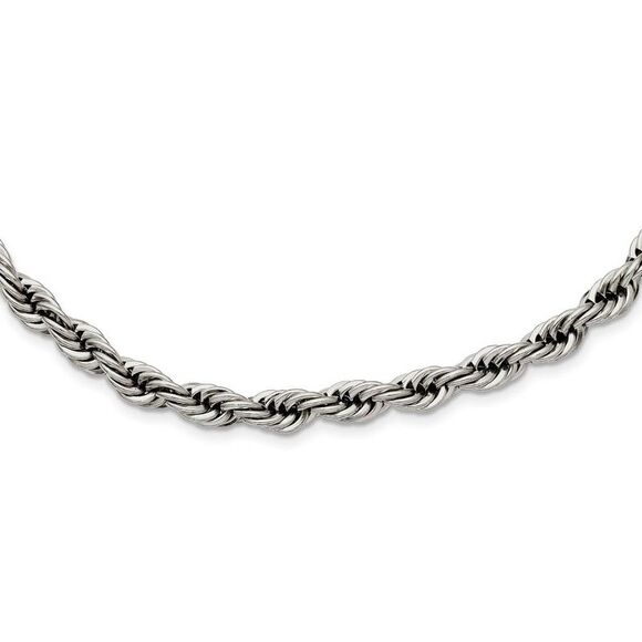 Men's 6mm Stainless Steel Polished Rope Chain Necklace, 24 Inch